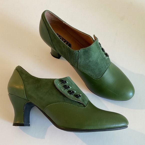 ROYAL VINTAGE Greta Reproduction 30’s/40’s Green Leather/Suede Heels Size 8.5 - Picture 1 of 13